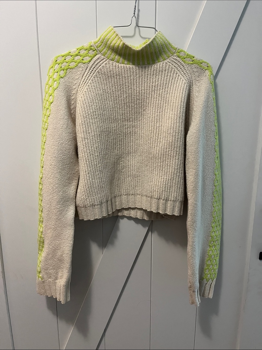 wild fable Cream Knit Turtleneck Sweater with Neon Yellow Accents